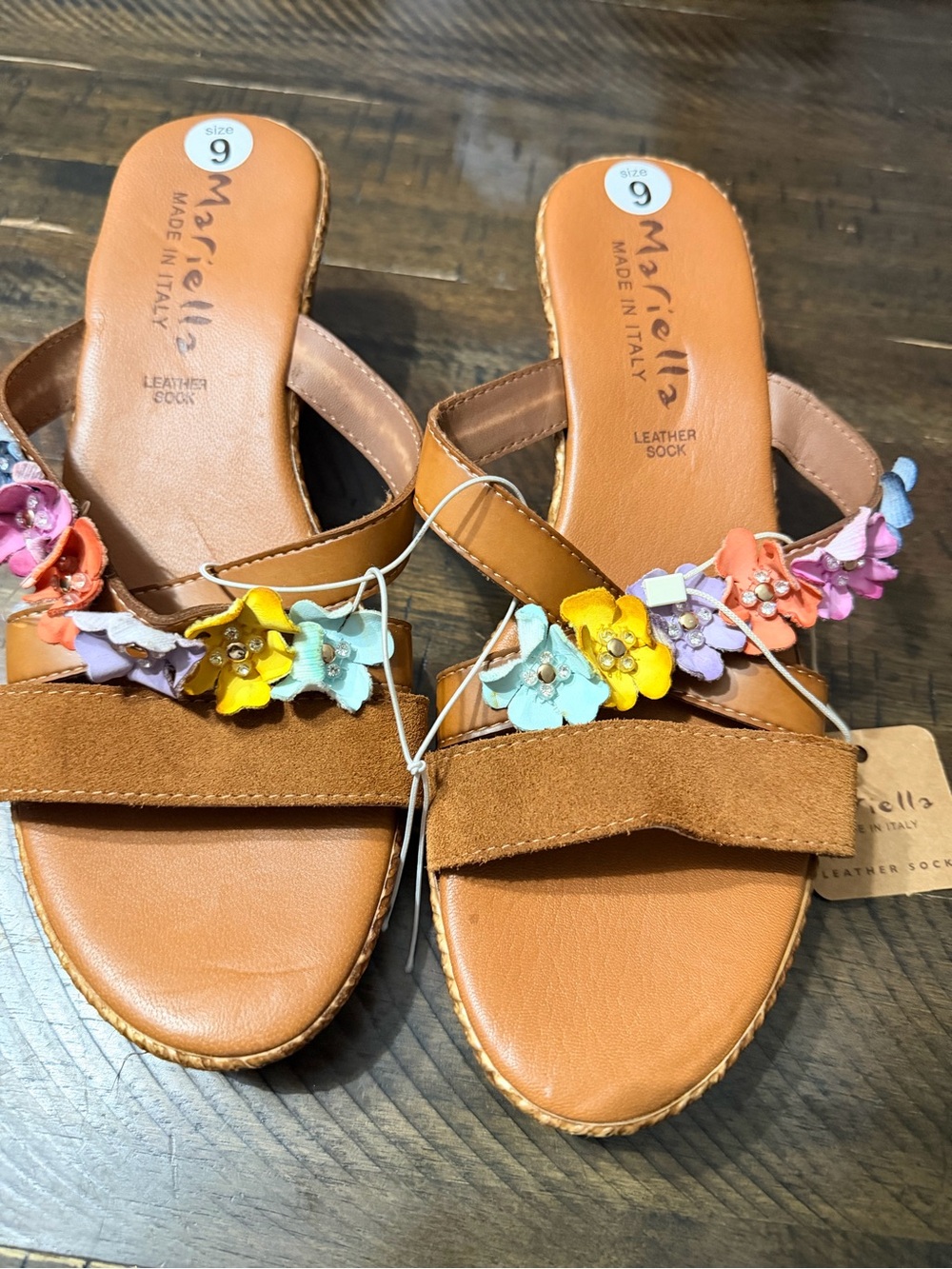 Maricelli Tan Leather Slide Sandals with Multicolor Floral Trim - Picture 2 of 4